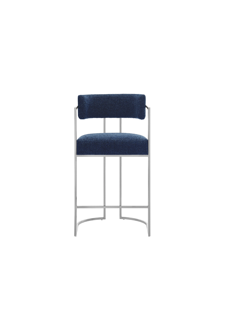 Tabouret de bar Ardenza à dossier incurvé en tissu et métal, bleu marine argenté