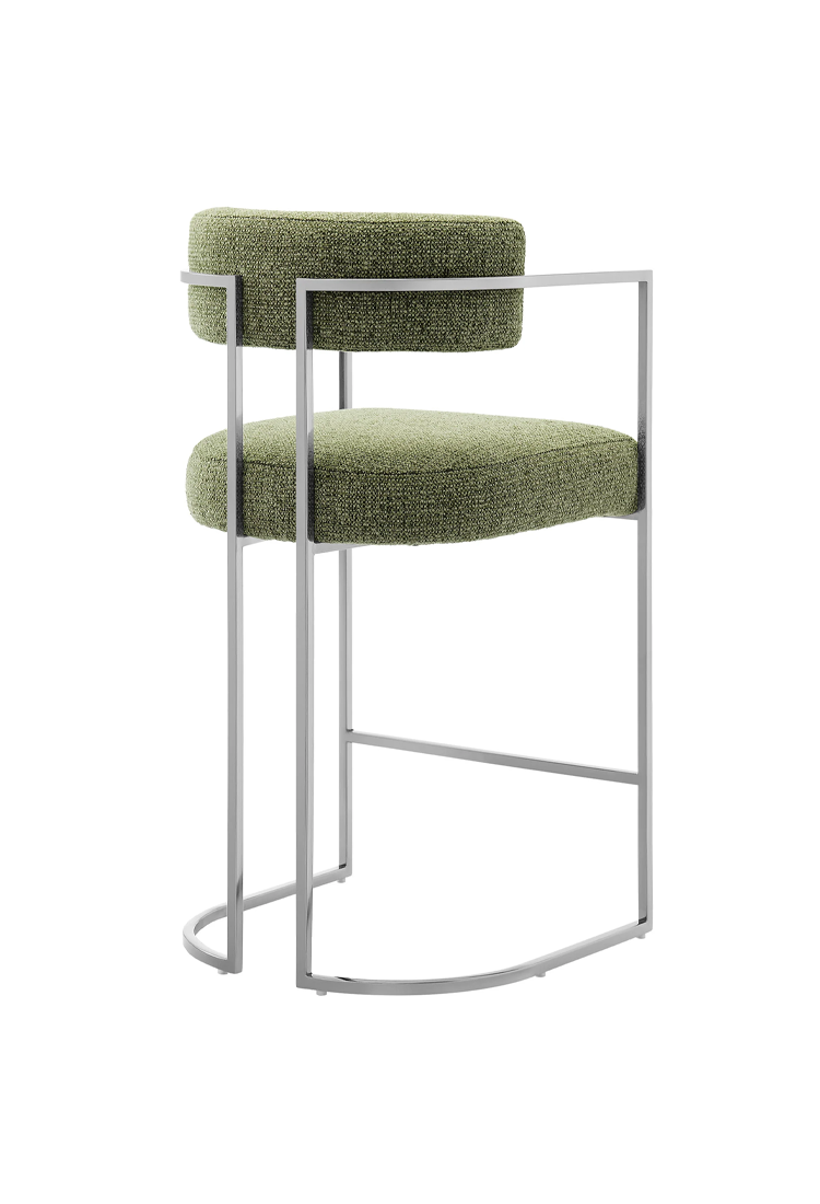 Tabouret de bar Ardenza en tissu et métal à dossier incurvé, feuille d'argent