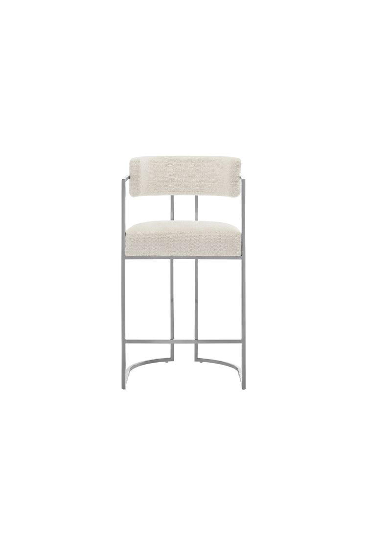 Tabouret de bar Ardenza en tissu et métal à dossier incurvé, couleur crème argentée