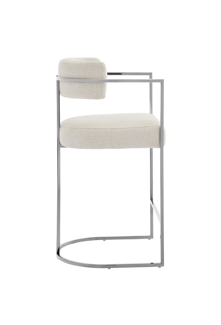 Tabouret de bar Ardenza en tissu et métal à dossier incurvé, couleur crème argentée