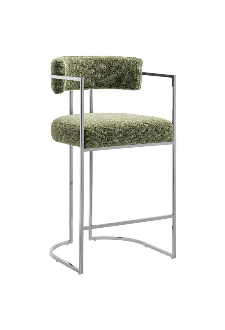 Tabouret de bar Ardenza en tissu et métal à dossier incurvé, feuille d'argent