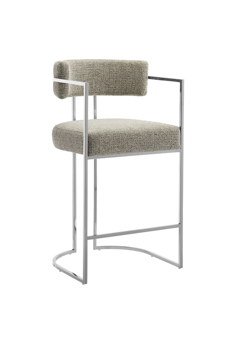 Tabouret de bar Ardenza à dossier incurvé en tissu et métal, blé argenté