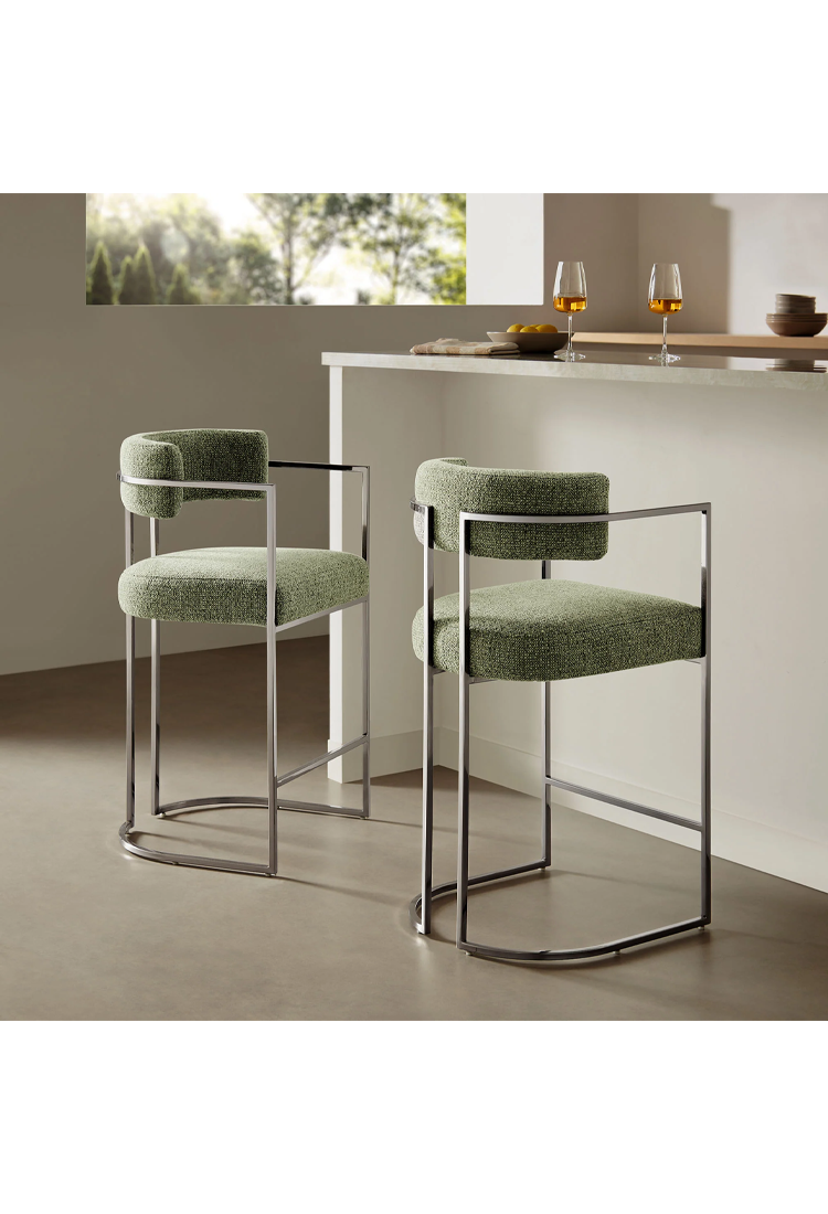 Tabouret de bar Ardenza en tissu et métal à dossier incurvé, feuille d'argent