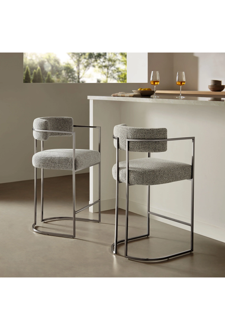 Tabouret de bar Ardenza à dossier incurvé en tissu et métal, blé argenté